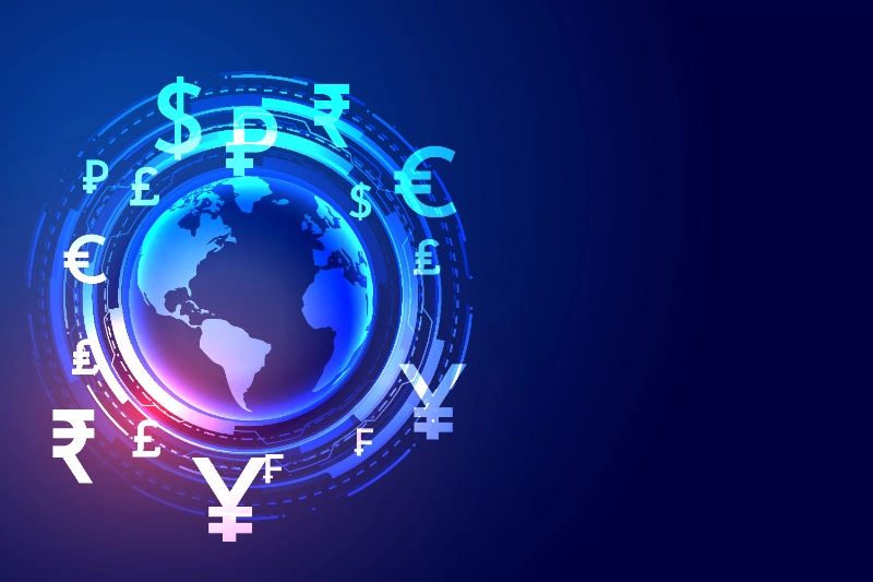 Un planeta Tierra futurista rodeado de símbolos de divisas globales (dólar, euro, yen, libra) sobre fondo azul, representando las finanzas internacionales.