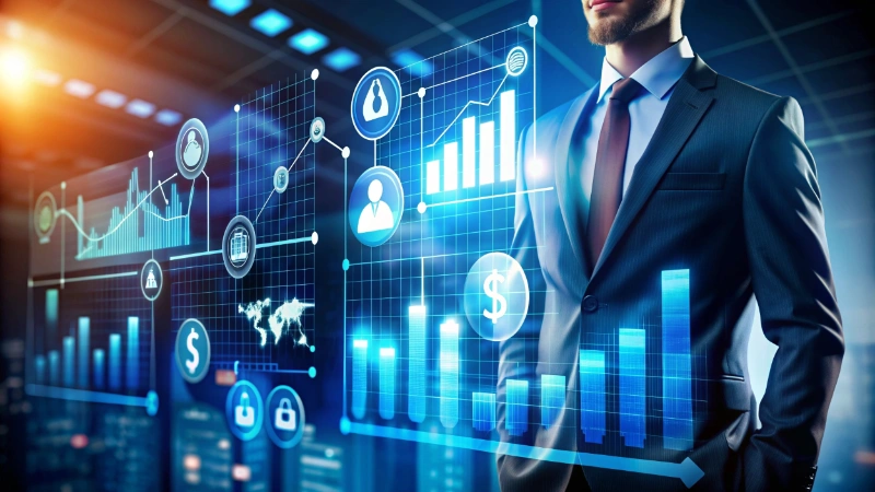 Ejecutivo en traje junto a una pantalla holográfica con gráficos de barras, datos financieros e iconos de negocios.