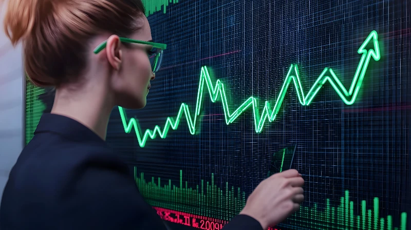 Mujer analizando un pantalla gigante con un gráfico financiero verde en tendencia ascendente.