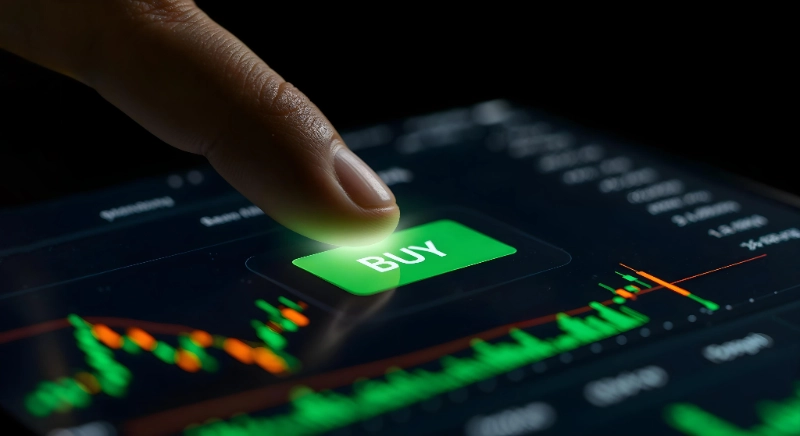 Dedo presionando el botón verde de BUY (comprar) en la pantalla de una tableta con interfaz de trading.