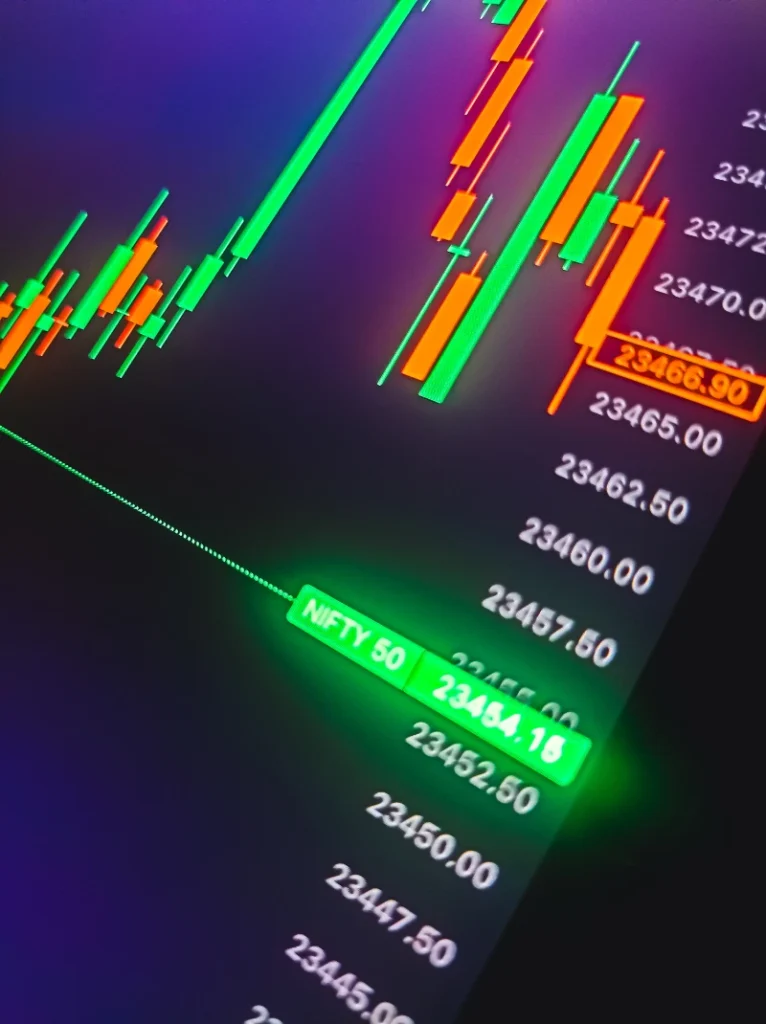 Primer plano de una pantalla que muestra un gráfico bursátil de velas japonesas y el índice NIFTY 50.