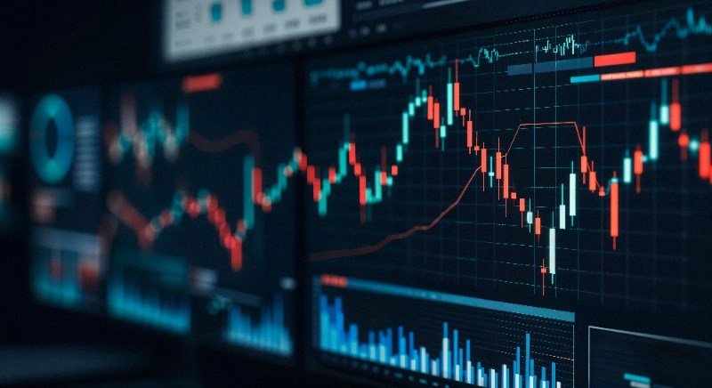 Pantalla con gráficos bursátiles de velas en verde y rojo junto a paneles de análisis financiero sobre fondo oscuro.