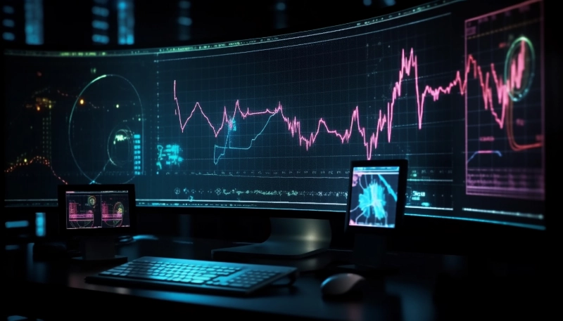 Pantalla curva panorámica mostrando un gráfico de línea rosa brillante y datos digitales sobre una estación de trabajo a oscuras.