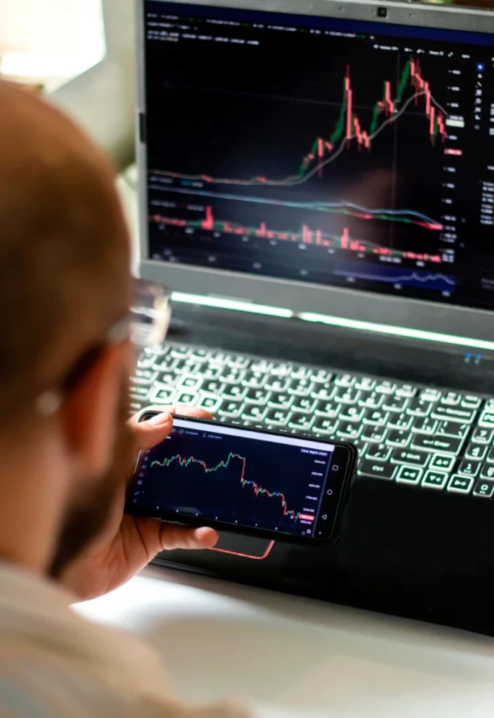 Hombre sosteniendo un celular con un gráfico financiero mientras analiza un gráfico de velas similar en la pantalla de su laptop.