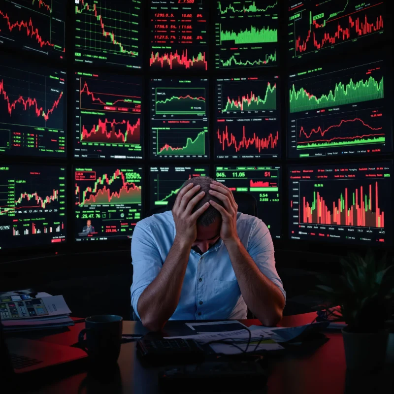 Hombre estresado frente a múltiples pantallas de gráficos financieros.