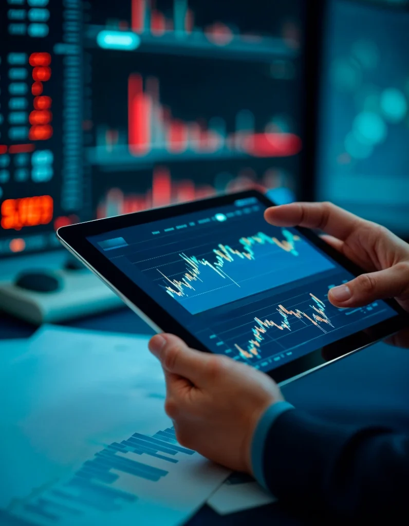Persona sosteniendo una tableta con gráficos de análisis bursátil frente a monitores con datos financieros.