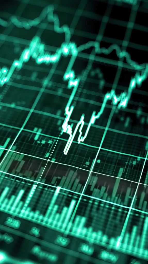 Gráfico bursátil digital en tono verde neón mostrando una fuerte caída de precio y velas de volumen sobre una retícula.