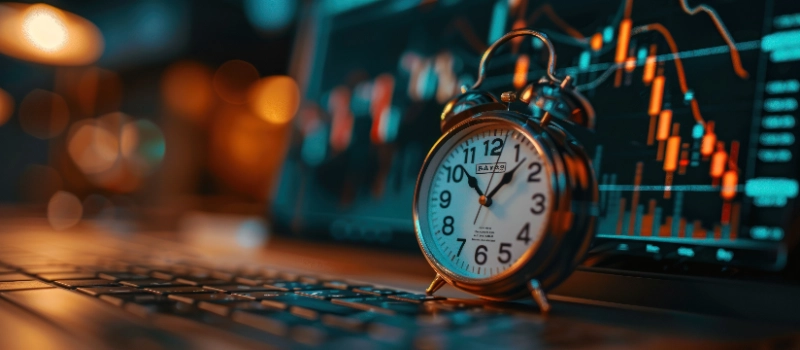 Un reloj despertador analógico antiguo sobre el teclado de una laptop que muestra gráficos bursátiles y datos financieros en pantalla.
