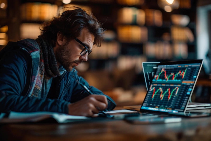 Hombre concentrado tomando notas junto a una laptop que muestra gráficos de mercado financiero.