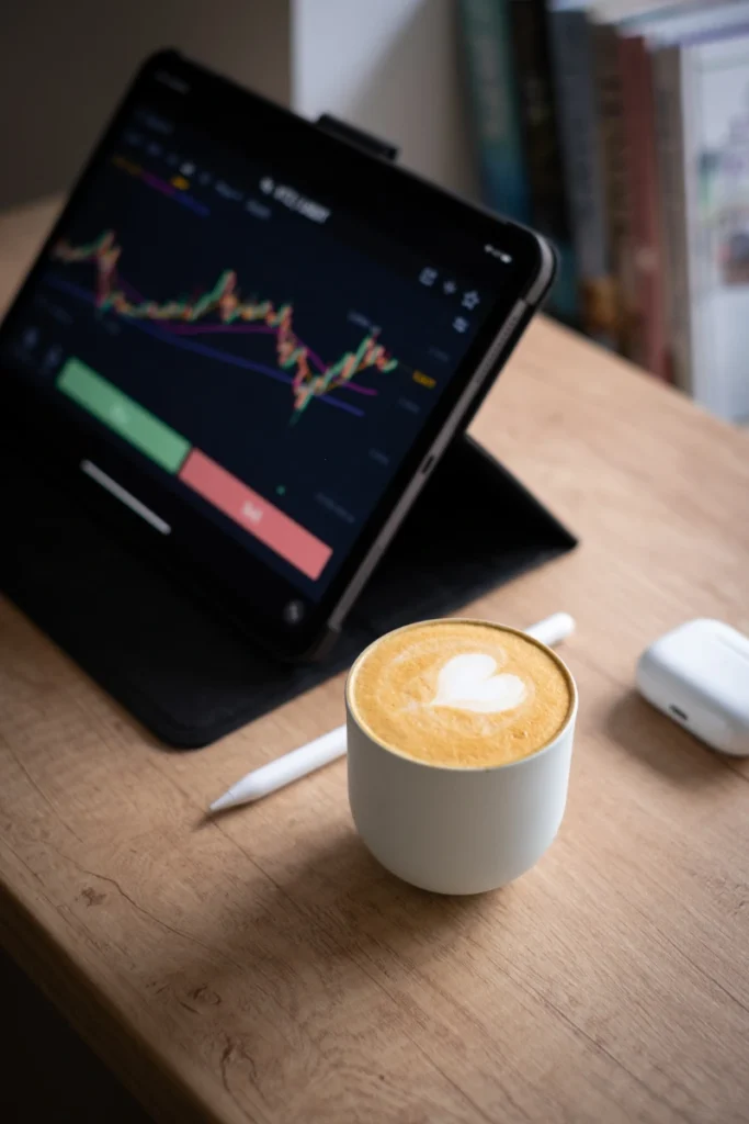 Una taza de café con arte latte en un escritorio de madera, junto a una tableta con gráficos financieros, un lápiz óptico y auriculares inalámbricos.