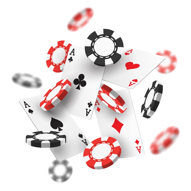 Una ilustración 3D de cartas de ases y fichas de casino rojas y negras flotando en el aire sobre un fondo blanco.