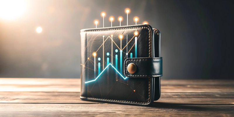 Cartera de cuero sobre una mesa de madera con gráficos luminosos en barras y líneas descendentes/ascendentes superpuestos digitalmente.