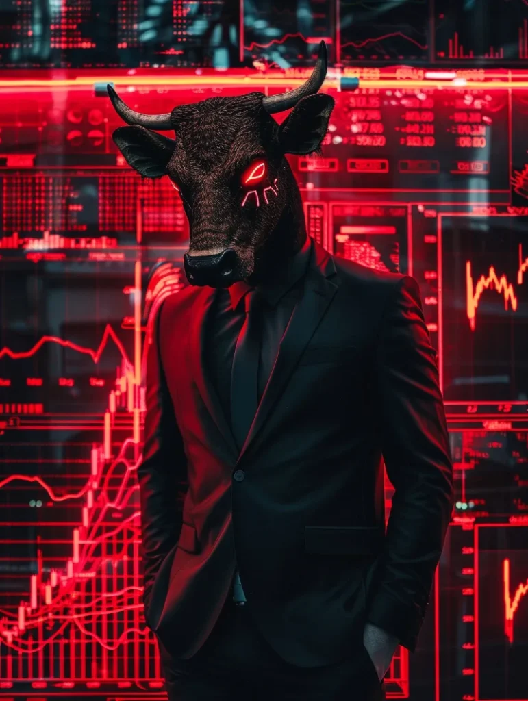 Una figura antropomórfica con cabeza de toro con ojos brillantes y traje negro se encuentra de pie frente a pantallas con gráficos financieros iluminados en neón rojo.