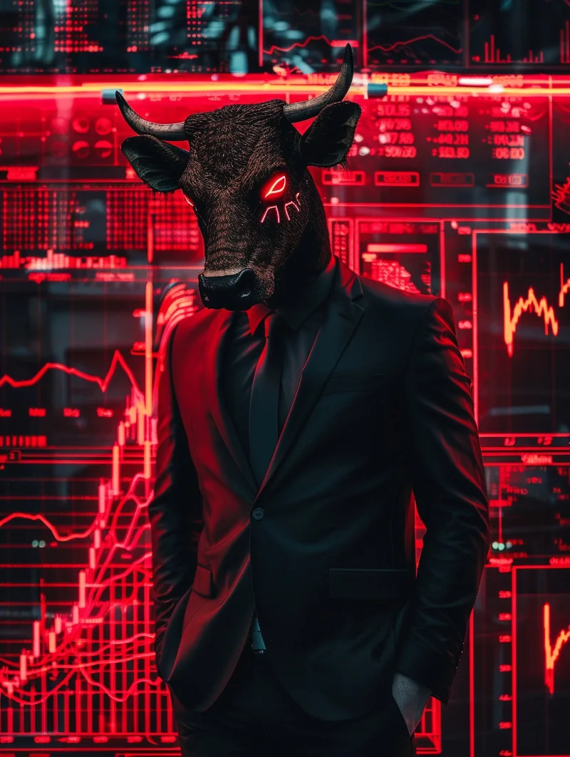 Renderizado 3D de un toro financiero de neón representando la agresividad del revenge trading