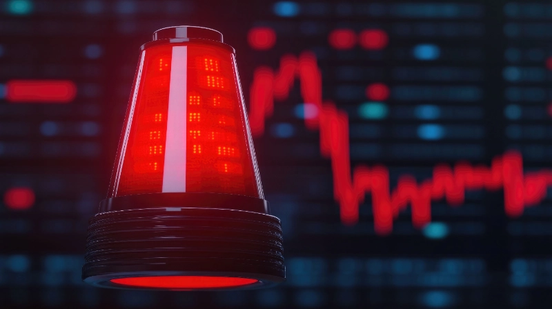 Una sirena roja de emergencia encendida sobre un gráfico bursátil en desplome, representando una crisis financiera.