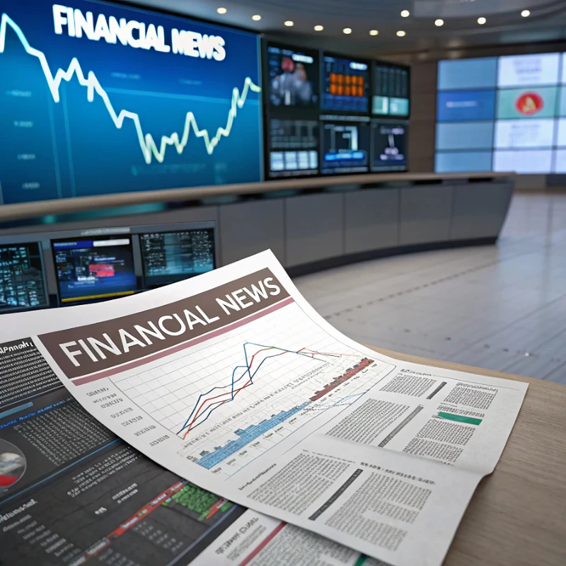 Periódico de noticias financieras abierto con gráficos de tendencia sobre un escritorio, ante un estudio bursátil con grandes pantallas digitales de monitoreo.