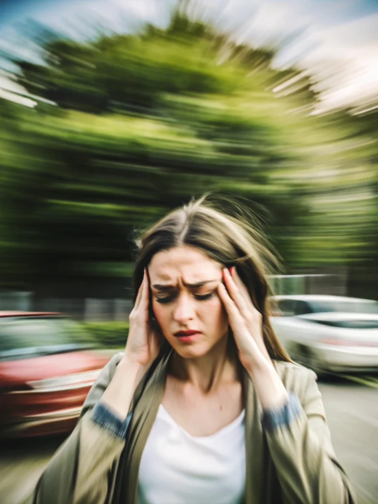 Una mujer se sostiene la cabeza con ambas manos con expresión de dolor en medio del tráfico con desfoque de movimiento.