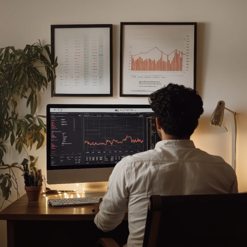 Un hombre visto de espaldas trabaja en un escritorio analizando gráficos financieros en un monitor, en una oficina iluminada con luz cálida.