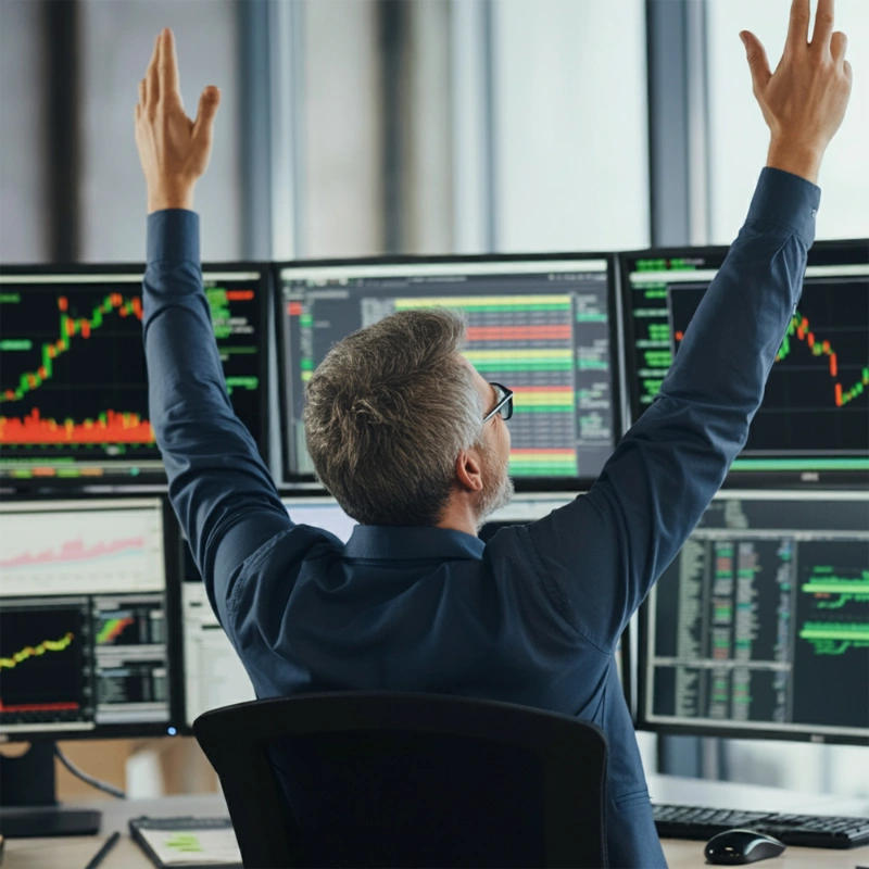 Un operador financiero visto desde atrás celebra levantando ambos brazos frente a una estación de trabajo con múltiples monitores repleta de gráficos de trading.