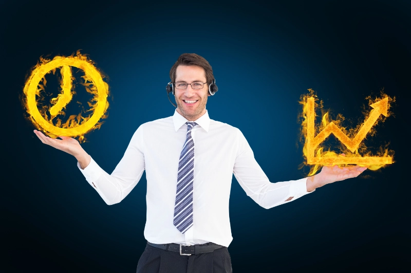 Ejecutivo sonriente sosteniendo en sus manos un reloj y un gráfico financiero ascendente, ambos envueltos en llamas sobre un fondo azul oscuro.