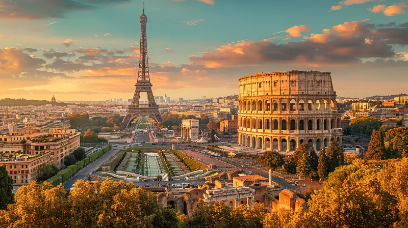 Composición surrealista al atardecer que reúne emblemáticos monumentos europeos, destacando la Torre Eiffel y el Coliseo romano en un mismo panorama urbano.