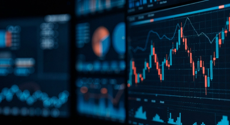 Pantalla digital que muestra gráficos financieros y de velas japonesas para el análisis del mercado bursátil.