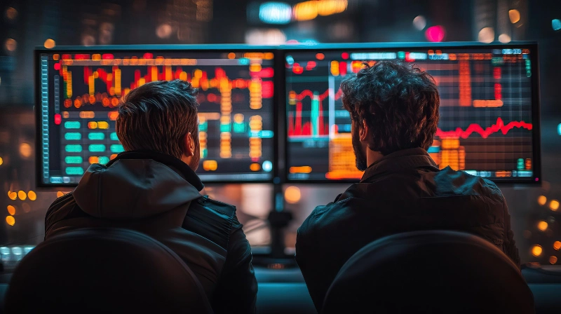 Dos analistas de espaldas observan múltiples monitores con gráficos financieros y bursátiles en un entorno oscuro.