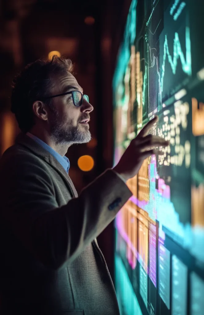 Profesional de perfil interactuando de noche con una gran pantalla digital táctil repleta de gráficos y datos analíticos iluminados.